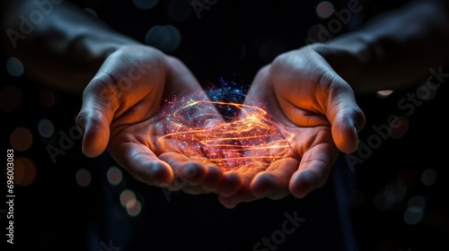 Hand Radiating Dynamic Energy Patterns. An outstretched hand is enveloped in vibrant energy patterns, suggesting a powerful flow of healing or psychic energy in a dark background. photo