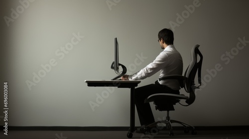 Office Worker Using Ergonomic Setup at Workstation. Professional at an ergonomic workstation, maintaining proper posture with supportive seating photo