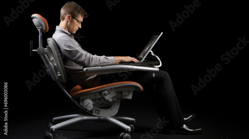 Office Worker Using Ergonomic Setup at Workstation. Professional at an ergonomic workstation, maintaining proper posture with supportive seating