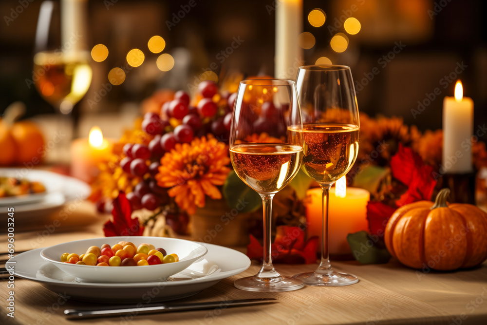 An Elegantly Adorned Thanksgiving Dinner Table Featuring Fall Leaves, Pumpkins, and Candles for a Celebratory Family Meal
