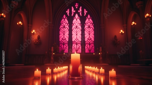 Gothic cathedral interior with candlelight. A spiritual and atmospheric depiction of religious worship and faith