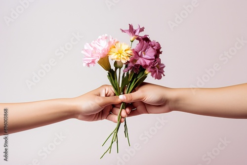Women's day concept, with two hands holding flowers, on white background Generative AI 