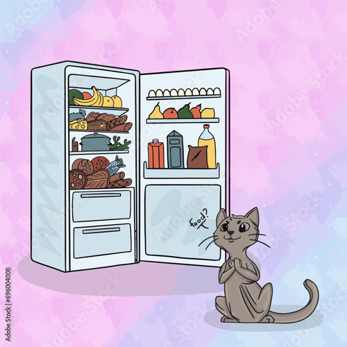 Cute bloated cat near the fridge in cartoon flat style. Cartoon fat lazy cat lies on a pillow near the refrigerator in the kitchen and eats fish. vector illustration isolated on white background.