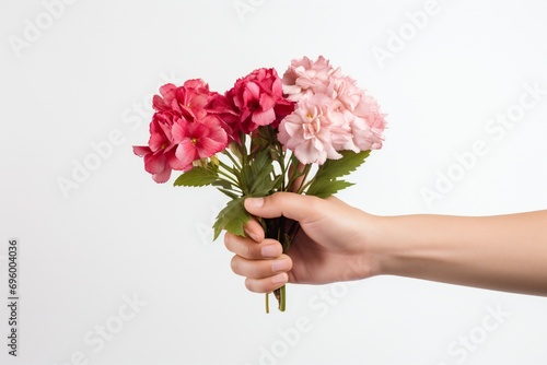 Women's day concept, with two hands holding flowers, on white background Generative AI  © LayerAce.com