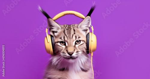 Fluffy lynx listening to music with headphones on purple background