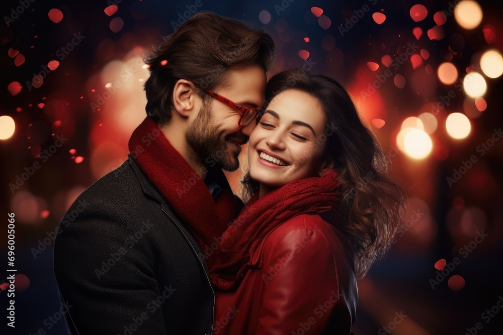 Happy smiling lover man and woman with a blurred background adorned with shimmering red bokeh lights to evoke a romantic Valentine's Day theme.