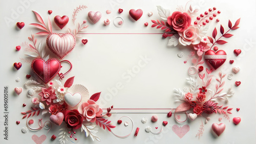 Romantic Valentine's Day themed image backgrounds with red and pink heart balloons, gifts, and flowers against a soft, light background with copy space.
