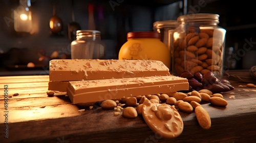 Close up of a chocolate bar and nuts on a wooden table.