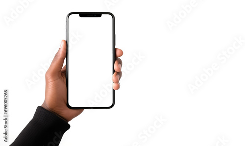 Male hand holding phone isolated on white, mock-up smartphone blank screen