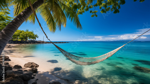 Idyllic Summer Retreat, Pristine Tropical Beach with Crystal Clear Waters, Palm Trees, and a Relaxing Hammock