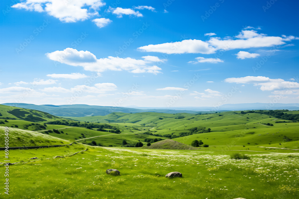 Idyllic Irish Countryside, Verdant Meadows and Clover Patches with a Pristine Blue Sky and Copy Space Idyllic Irish Countryside, Verdant Meadows and Clover Patches with a Pristine Blue Sky and Copy Space