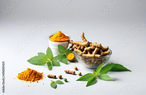 Raw turmeric and mint ilsolated on white background photo