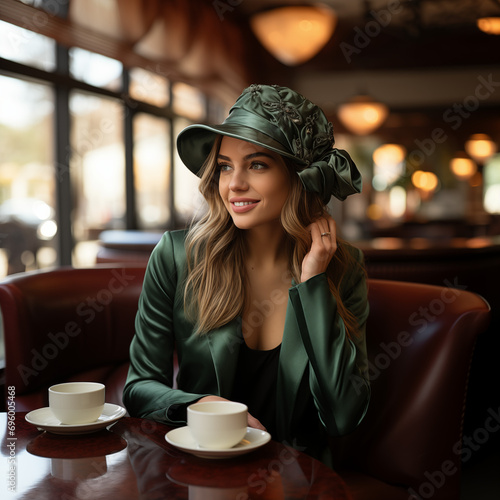 Joven con glamour, sombrero vintage verde, satén y raso, cabello ondulado rubio sonriente en un bar turista celebrando San Patrick, viaje de novios, cita amorosa cafetería  photo