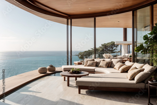 Luxury villa with terrace and floor-to-ceiling panoramic window with an amazing sea view