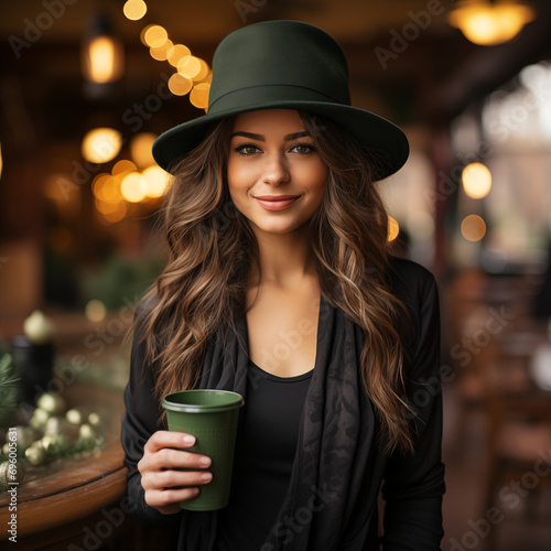 Joven con sombrero clásico verde, casual con bufanda, cabello ondulado largo sonriente en un bar bebiendo turista celebrando San Patrick, viaje de negocios, cita contemporánea   photo