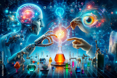 Exploring the fusion of artificial intelligence with human insight in a vibrant futuristic laboratory setting photo