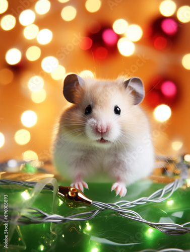 Süßer Hamster mit Weihnachtsdeko im Lichter Bokeh als Poster, ai generativ