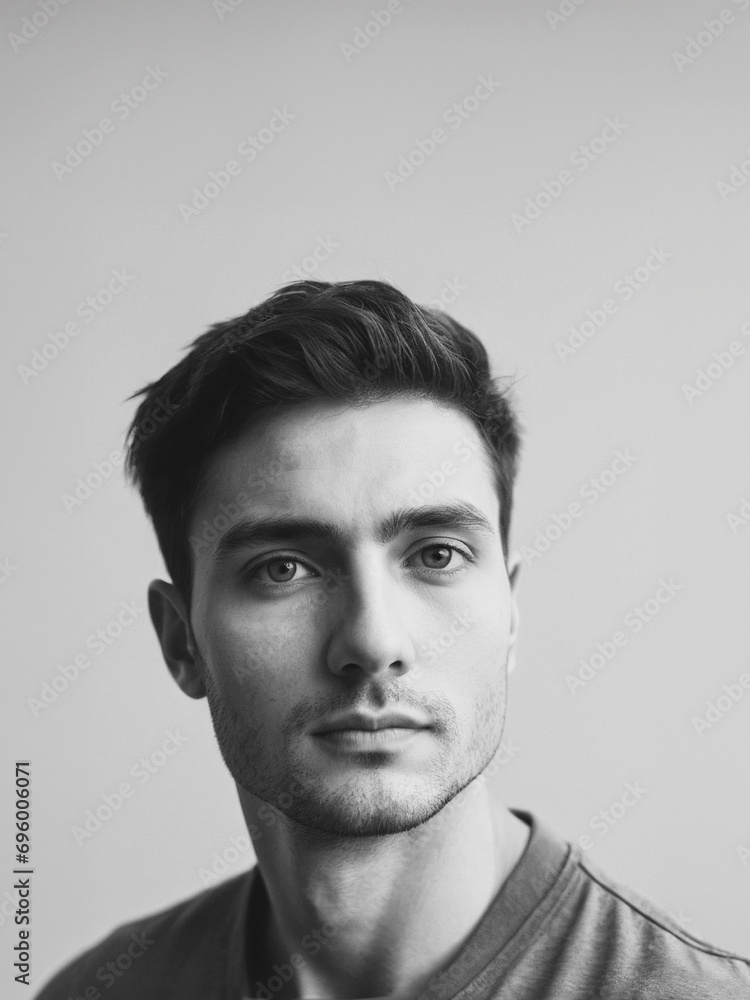 Fototapeta premium ritratto con primo piano di volto di giovane uomo dallo sguardo deciso, sfondo luce diffusa