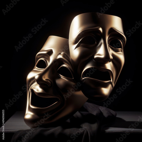 Comedy and tragedy masks reflecting joy and sadness on solid black background rim and atmosphere light. ai generative photo
