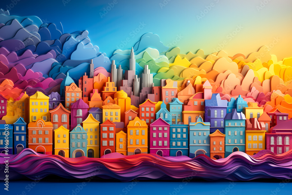 A Cityscape Embellished with Rainbow Designs Celebrating Pride Month and LGBTQ+ Solidarity on a Gradient Backdrop A Cityscape Embellished with Rainbow Designs Celebrating Pride Month and LGBTQ+ Solidarity on a Gradient Backdrop