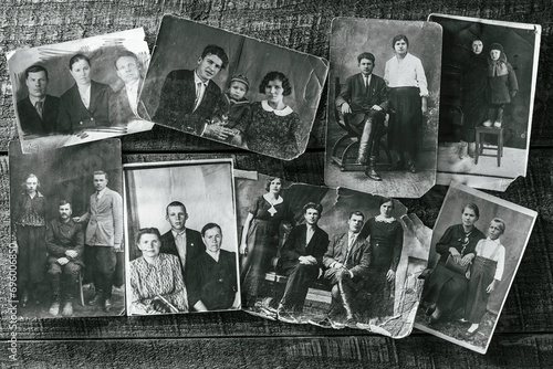 Vintage old photographs of Ukrainian family. The photo was taken in the Soviet Union around the 1930-35 s in Ukraine. Retro black white photography of family, nostalgic pictures photo