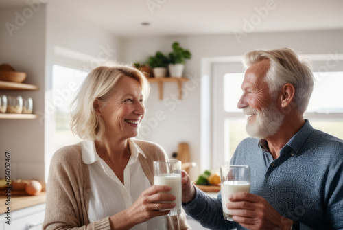 The happiness of a senior male and female couple drinking milk. For strong health, strengthen bones, nourishing the brain, concepts of taking care of your health and body.