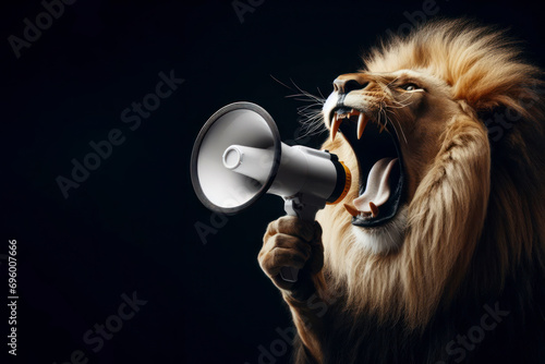 Photo of angry a lion roaring through a megaphone on black background. ai generative