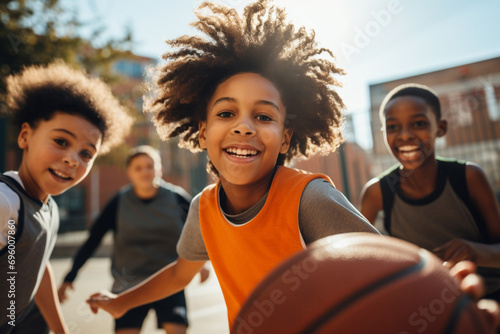 Black children play basketball in the school yard on a sunny day outdoors photo