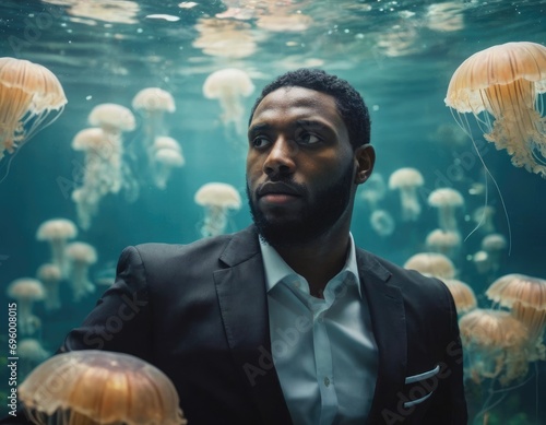 Portrait of a Black man in a formal suit underwater among jellyfish floating around him