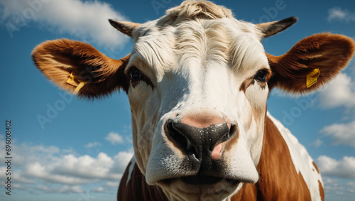 A close-up shot of a cow's face against a blue sky. generative AI
