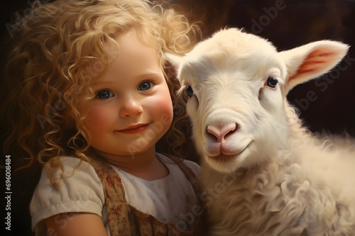 little girl and her lamb, day light, sweet cute photo, friendship of a girl and a lamb