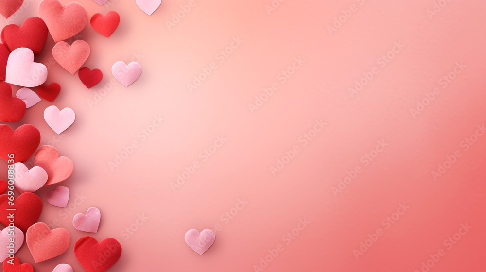 Valentine's Day concept red and pink hearts drawn on a pastel pink background, rustic textures, hand-drawn, decorative backgrounds with copy space