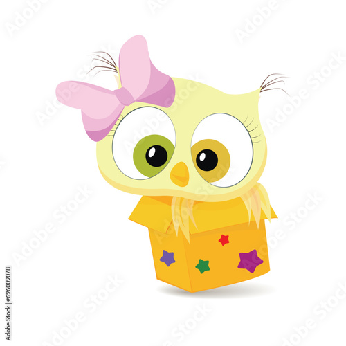 A little owlet with a pink bow peeks out of the box. Vector illustration