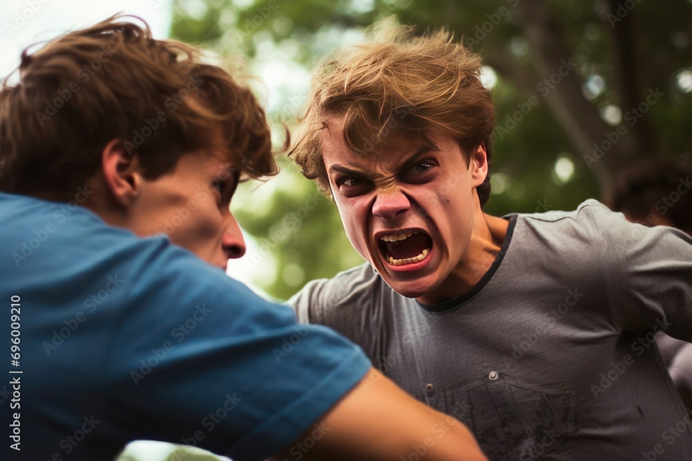 Fototapeta premium Two young men fighting angry and shouting at each other, young teenage boys fighting in the park