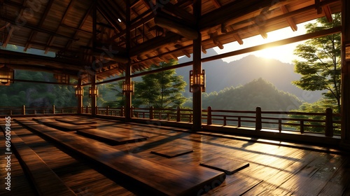 Japanese temple in a scenic landscape. A traditional shrine surrounded by nature, reflecting the beauty of Japanese architecture and cultural heritage photo