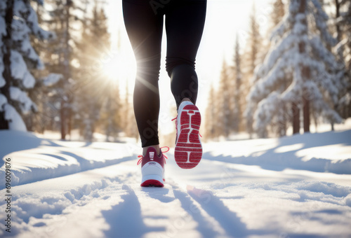 Back view of woman's legs with sport shoes jogging in snow