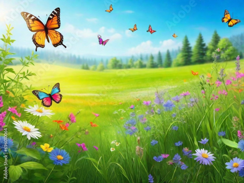 A vibrant meadow with lush green grass and colorful wildflowers, with butterflies fluttering around. An ideal background for a light and airy feel. © Rehman