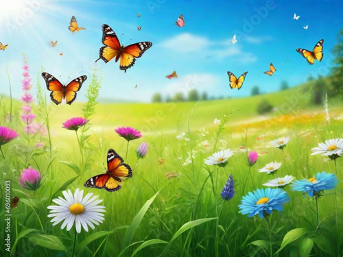 A vibrant meadow with lush green grass and colorful wildflowers  with butterflies fluttering around. An ideal background for a light and airy feel.
