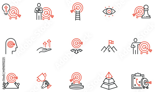 Vector Set of Linear Icons Related to Challenge, Assertiveness, Business Target and  Striving for Development. Mono line pictograms and infographics design elements