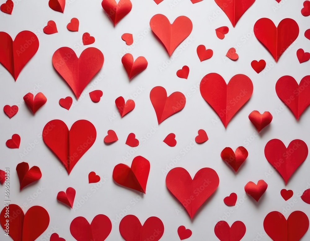 Red paper hearts from ribbons sticking out at the end on red paper background. Love and Valentine's day concept Red paper hearts from ribbons sticking out at the end on red paper background. Love and Valentine's day concept