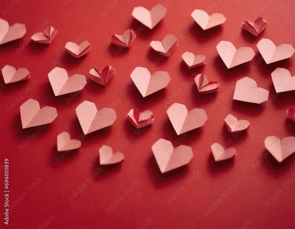 Red paper hearts from ribbons sticking out at the end on red paper background. Love and Valentine's day concept Red paper hearts from ribbons sticking out at the end on red paper background. Love and Valentine's day concept