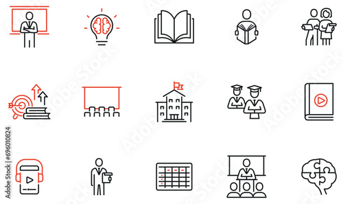 Vector Set of Linear Icons Related to Educational Process, Training, Tutorship and Lecture. Mono line pictograms and infographics design elements