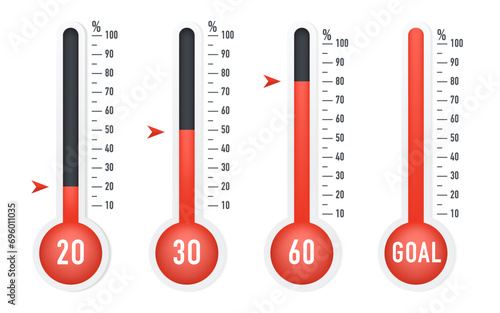 Goal thermometer icon set. Clipart image isolated on white background. Empty, half, full percentage thermometers. Vector illustration photo