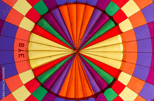 view of a hot air balloon's panels, gores and deflation valve from the basket, Cappadocia, Turkey