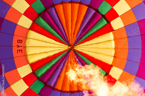 gas burning in a hot air balloon making air blurry, inner view from the basket, Cappadocia, Turkey