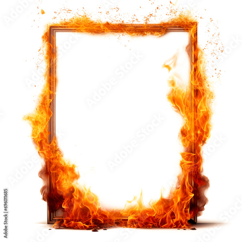 Mockup of a burning frame is cut out on a transparent background. The fire on the frame spreads in different directions. Concept of carelessness with fire and its consequences