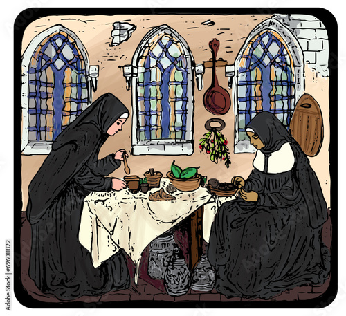 Illustration of two medieval nuns in habits and wimples working in a castle abbey kitchen, food preparation with gothic stained glass windows in background