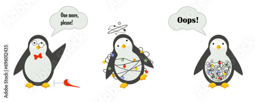 Funny penguin set. Animals in human roles each isolated on white background. Vector design for icon, print, logo, card