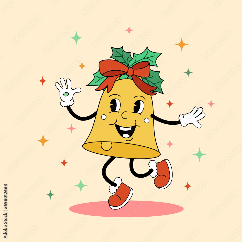 Cartoon retro Christmas Bell with face and bow holly decor on color background. Vector flat vintage jingle bell holiday illustration. Winter festive ringing character with smile for poster or banner Cartoon retro Christmas Bell with face and bow holly decor on color background. Vector flat vintage jingle bell holiday illustration. Winter festive ringing character with smile for poster or banner