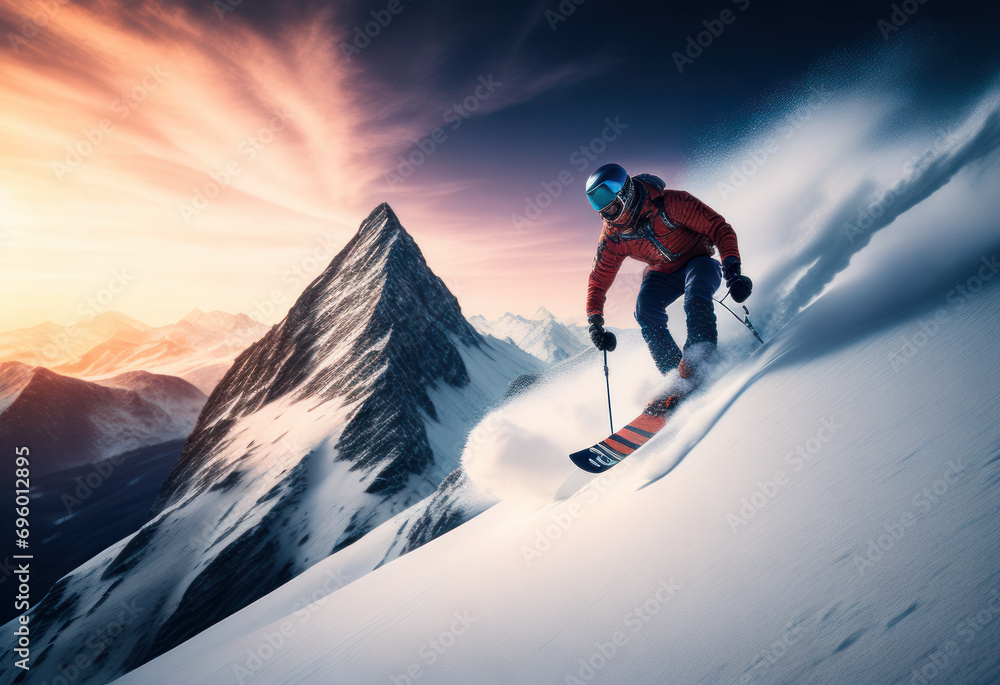  Sportman playing ski on mountain in the winter